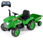 Costzon 2-in-1 Ride On Tractor, 12V Kids Ride on Car w/Detachable Trailer, Remote Control, Wireless Connection, Horn, Music, Lights, Spring Suspensions, Tractor Toys for Kids 3-8