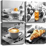 Oilpa Art Food Canvas Wall Art Kitchen Decor Modern Black and White Coffee Canvas Art Picture Painting Breakfast with Drink Pints Framed Artwork Bakery Dining Room Restaurant Coffee Bar Cafe Wall Decor 12x12 4 Pieces Set