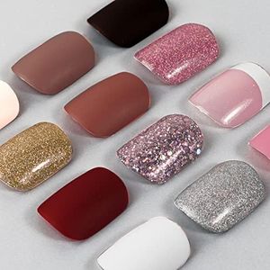 288PCS Faux Ongles Courts Carré Sticker Nail Art Couverture Complète Colorés Accessoires Bricolage Ongles Français 12 Couleurs