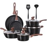 Kitchen Academy Pots and Pans Set Non Stick - 12 Pcs Black Granite Cookware Set, Induction Hob Pans Set