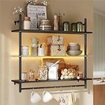 Bestier Gaming Floating Shelves with LED Lights, 41 inch Wall Mounted Storage Shelves, 3 Tier Hanging Bookshelf Display Rack with Glass Shelves for Living Room Bathroom Kitchen, Carbon Fiber Black