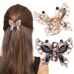 Noverlife 2PCS Mini Crystal Metal Butterfly Hair Claws, Small Butterfly Hair Clips Rose Gold Rhinestone Hair Jaws Retro Sparkly Diamond Hair Claws, Fancy Thick Hair Clamp Barrettes for Women Girls