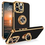 BENTOBEN for iPhone 15 Pro Max Case with Ring, Phone Case for iPhone 15 Pro Max, Holder Gold Edge RotationStand Flexible Soft Silicone Bumper Shockproof Protective Cover for iPhone 15 ProMax,Black