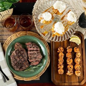 Delivered Cold Gourmet Surf & Turf Box - 2 Ribeye Steaks, 5 lb Shrimp, Caramel Apple Desserts, Honey & Vanilla Ice Cream, Clear Ice Spheres - Gourmet Food Bundle for Holidays & Celebrations