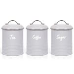 EHC Tea, Coffee, Sugar, Canister Set, Set of 3 Airtight Food Storage Easy to Open Storage Cansiters Jars Tin, Grey