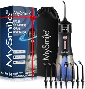 MySmile LP221 UVC Sterilizable Cordless Water Flossers for Teeth 335ML Portable OLED Display Dental Flosser with 4 Modes 8 Jet Tips and a Storage Pouch for Home and Travel (Midnight Black)