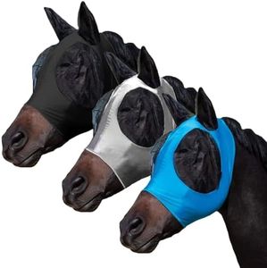 FOXLVDA 3 Pcs Horse Fly Mask with Ears, Breathable Elastic Fabric for Sun Protection for Medium/Large Size Adult Horses (Blue-Black-Gray, Large)