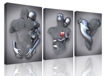 SHVCHBK 3pcs Wall Art Decor Artwork 3D Metal Figure Statue Modern Art Canvas Painting Love Couples Human Body Sculpture Wall Art for Bathroom Bedroom Living Room 16x24 inch Ready To Hang