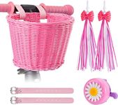 Kids Bike Basket Set, Girl Bike Basket Pink Handwoven, Children Cycling Basket with Leather Straps, Bowknot Streamers and Bell Easy Install Detachable