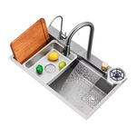 Luxart Stainless Steel Kitchen Sink 304 Grade, Anti Scratch Design Integrated Stainless Steel Single Bowl, Silver With Waterfall Faucet 30x18x9 Inches All in one Multifunction sink