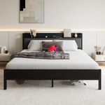 BOFENG King Bed Frame with Upholstered Storage Headboard,Heavy Duty Metal Platform Bed Frame King Size with Charging Station,No Box Spring Needed,Strong Slats Support,Black