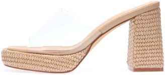 Monrovia Raffia Heeled Sandals for Women，Platform Wedge Slip On Block Heel, Dressy Summer Open Toe Chunky High Heel Vacation Beach Slides Sandals, Clear Size 7.5