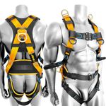 Fall Protection Full-Body Premium Safety Harness, Vented & Padded Shoulder, Legs & Back, 6” Thick Back Support Belt,5 Heavy Duty D-rings, Tongue Buckle, Quick Release (OSHA/ANSI) (golden&black)