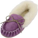 SNUGRUGS Ladies Purple Suede Moccasin Slippers with Wool Lining, Wool Cuff and Rubber Sole. Made in UK. Size 7