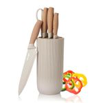 Kitchen Block Knife Sets, 6-Pieces Khaki Chef Knife Set with Removable Round Block, Non-stick & Non-slip Stainless Steel Sharp Knife Set for Restaurant Home Cooking, Gifts for Mom Wife Girl (Khaki)