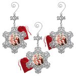 Annual Christmas Photo Ornament - Set of 3 Dated 2020 Silver Charm and Metal Snowflake with Crystals and Pearls - Hanging Snowflake Ornament - Family Senior Sports School Wedding Vacation Pictures…