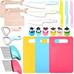 21 Pieces Wooden Kids Kitchen Knife, Kids Knife Set Include 6 Toddler Knives with Serrated Edges, 3*Cutting Boards, 2*Crinkle Cutter, 2*Y Peeler,6 * fruit cutters shapes and 2*Wooden Safe Knife