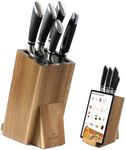 Navaris Wooden Kitchen Knife Block with Holder - Holds a Chopping Board, Phone or Tablet - Acacia Angled Design, 12.5 x 18.7 x 26.2 cm (4.9" x 7.4" x 10.3")