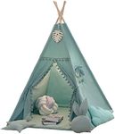 LGMOONYE Foldable Teepee Tent for Kids Green Pompom Ball Design with Floor Mat,Carry Case,Banner,Four Ploes Classic Cute Children Playing House Indoor Outdoor Nursery Decor