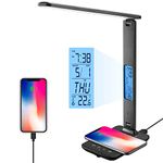 LED Desk Lamp with Wireless Charger, Table Lamp with Clock, Alarm, Date, Temperature, Office Lamp, Desk Lamps for Home Office (Black)