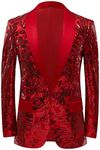 PYJTRL Men Stylish Satin Face Sequins Floral Pattern Suit Jacket Blazer (Red, XS)