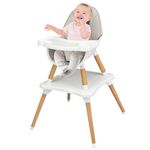 KOTEK 4 in 1 Baby High Chair, Eat & Grow Convertible High Chair w/Removable 4-Position Tray, 5-Point Seat Belt, PU Cushion for Infants, Wooden Baby Eating Chair (Gray)