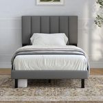 Bed Frames, Lukace Twin Bed Frames with Upholstered Headboard, Without Box Spring Needed, Easily Assembly Bed Frames with Sturdy Wood, Withoutn-Slip Without Noise(Twin，Light Grey)