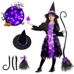 Light Up Girls Witch Costume, Toddler Witch Dress Set with Hat and Broom, Witch Costumes for Halloween Role-Play Party(S)