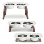 Messy Mutts Elevated Double Feeder with Stainless Bowls | Adjustable Height 3”, 5”, or 10” | Adjustable Standing Feeder for Dogs | 5 Cups per Bowl | Light Grey with Faux Wood Legs