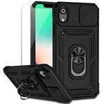 for iPhone XR Case with Camera Lens Cover HD Screen Protector, Dual Layer [15 FT Military Grade Drop Protection] Magnetic Ring Holder Kickstand Protective Phone Case for iPhone XR 6.1 inch (Black)