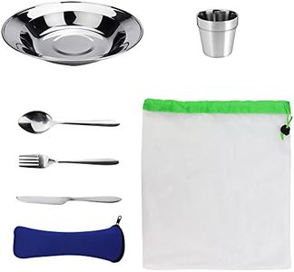 EMAGEREN Set de Cubiertos para Llevar 7 en 1 Vajilla de Acero Inoxidable para Camping Portátil Juego de Cubiertos para Camping con Plato Taza Cuchara Tenedor Cuchillo Bolsas para Acampar Viajar