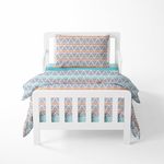 Bacati - 100% Cotton Muslin Aztec/Tribal 4 Piece Girls Toddler Bedding Set 100 Percent Cotton Includes Reversible Comforter, Fitted Sheet, Top Sheet, and Pillow Case (Triangles Aqua/Orange/Navy)