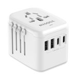 RXSQUL Universal International Power Travel Plug Adapter, 5 in 1 European Travel Plug Adapter W/ 3.5A 2xUSB-A and 2xUSB C Wall Charger and Worldwide AC Outlet for Europe USA UK AUS Asia-White