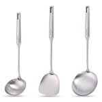 3 Pcs Wok Spatula, Skimmer Ladle, Soup Ladle Kitchenware Set. 304 Stainless Steel Cooking Tools, for Moms and Wives Who Love to Cook (15in, 15in, 13.7in)