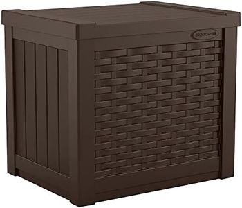 Suncast 22-Gallon Small Deck Box - Lightweight Resin Storage Container and Seat for Patio Cushions and Gardening Tools - Store Items on Patio, Garage, 22.5"L x 17"W x 22.5"H, Yard - Java Brown