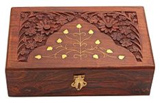 RGrandsons Handmade Wooden Keepsake Storage Box Jewelry Trinket Holder Organizer Floral Hand Carvings with Brass Inlay 8 inch