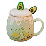 Coffee Mug Cups Ceramic Tea Cup Fruits Avocado Shaped Handmade Pottery Cute Mugs With Lid Spoon Handle Office Home Hot Ice Chocolate Milk Mugs Gifts Microwave Dishwasher Safe Travel Mugs (Green)