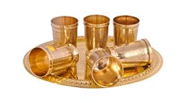 Shiv Shakti Arts® Pure Brass Serveware Set | Brass Tray with Glass | 7 Pieces Brass Dinner Set | Gifting Diwali Special