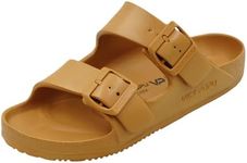 VICT POPU Womens Sandals Adjustable Double Buckle Strap Waterproof EVA Flat Slides Light Brown 6