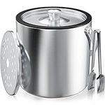 FiveHome Ice Bucket 3L with Silicone Lid, Tongs, Strainer, Small Double Wall Insulated Stainless Steel Ice Bucket Champagne Bucket for Cocktail Bar and Parties