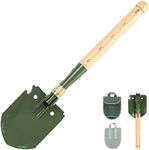 Mastiff Gears ® Wooden Handle Folding Survival Shovel w/Pick - Heavy Duty Carbon Steel Military Style Entrenching Tool for Off Road, Camping, Gardening, Beach, Digging Dirt, Sand, Mud & Snow