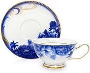 ACMLIFE Tea Cup and Saucer Set for 1, Bone China Coffee Tea Cups and Saucers Set for Tea Party or Women Gift, Blue and White (China-blue-1)