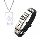 BENIFILE CR7 Football Star Bracelet Pendant Necklace Set, Adjustable Stainless Steel Necklace Silicone Football Bracelet for Men, Champions League Jewelry Gift for Football Fans