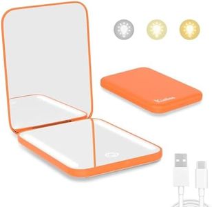 Kintion Rechargeable Pocket Mirror, Double Sided 1X/3X Magnification Compact Vanity Mirror, 3 Color Lights, Dimmable, Small Portable Wallet Mirror, Lighted Travel Mirror for Women Gifts, Orange