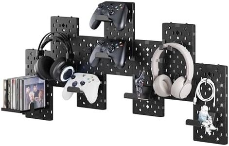 PEGZONE Controller and Headphone Holder Wall Mount, Modular Gaming Pegboard with Accessories, Controller Stand for Xbox PS5 PS4 Switch, Video Game Storage, Disc Shelf Organizer, 7pcs Pegboard, Black