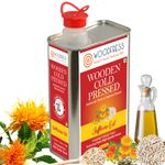 WOODFRESS Cold Pressed Safflower Oil 1 Litre, Freshly Hulled, 5kg Seeds for 1L Pure Woodpress Oil, Wood Pressed Kardai/Kardi Tel (Lakdi Ghani/Marachekku) for Healthy Cooking, Metal Tin 1L