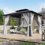 Aoxun 10’x12’ Hardtop Gazebo, Permanent Metal Pavilion with Galvanized Steel Double Roof, Outdoor Pregola with Nettings and Curtains for Lawn, Garden, Patio (Gray)