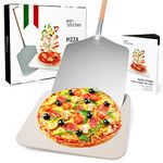 Joeji's Kitchen Pizza Stone & Peel Shovel Set - 30 x 38cm Rectangular Cordierite Stone for Oven BBQ - Aluminium Peel with Removable Wooden Handle