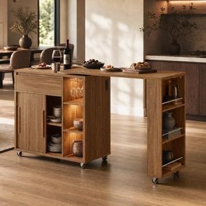 ModernMate 74'' Rolling Kitchen Island with 360° Swivel Table, Power Outlet