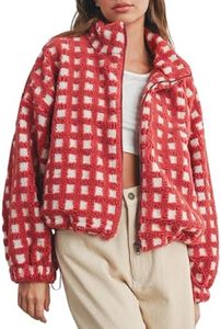 Esmeling Women’s Long Sleeve Cropped Sherpa Fleece Plaid Jacket Casual Chunky Teddy Fleece Outerwear (1024-Red-M)